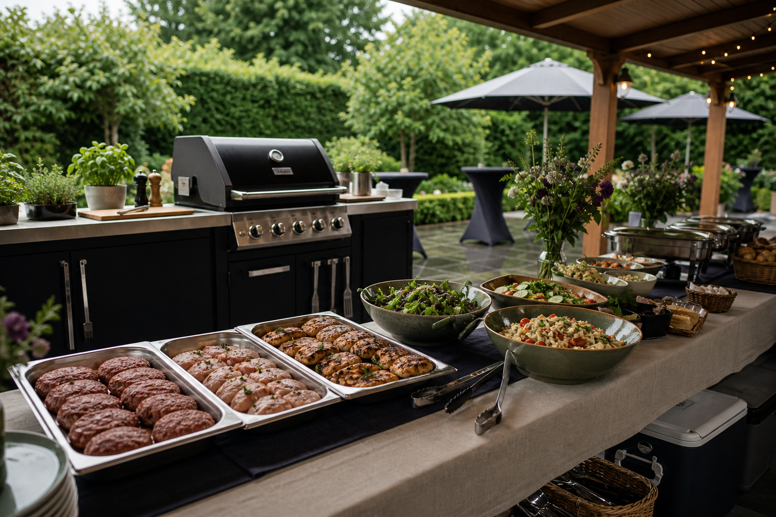 BBQ catering met aparte vegetarische gerechten en salades.