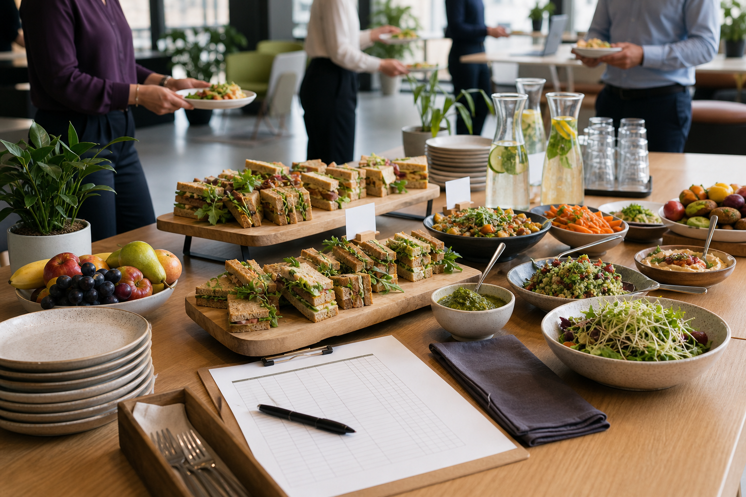 Lunch catering op kantoor met sandwiches, salades en water.