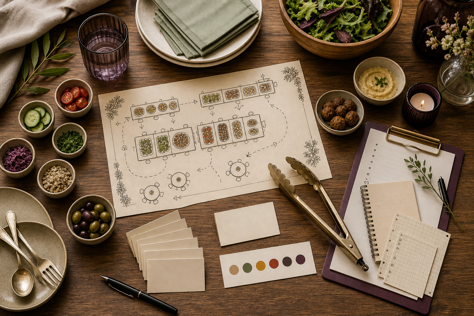 Cateringplanning met aantallen en schalen op tafel.