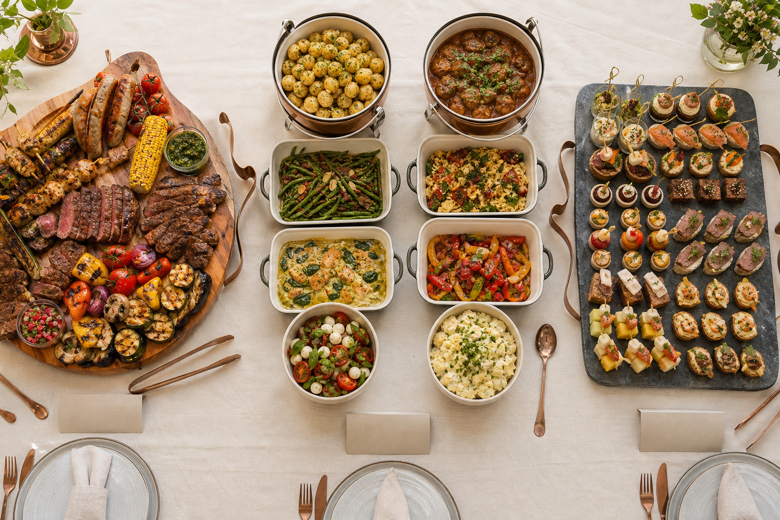 Cateringpakketten met buffet, borrelhapjes en BBQ onderdelen.