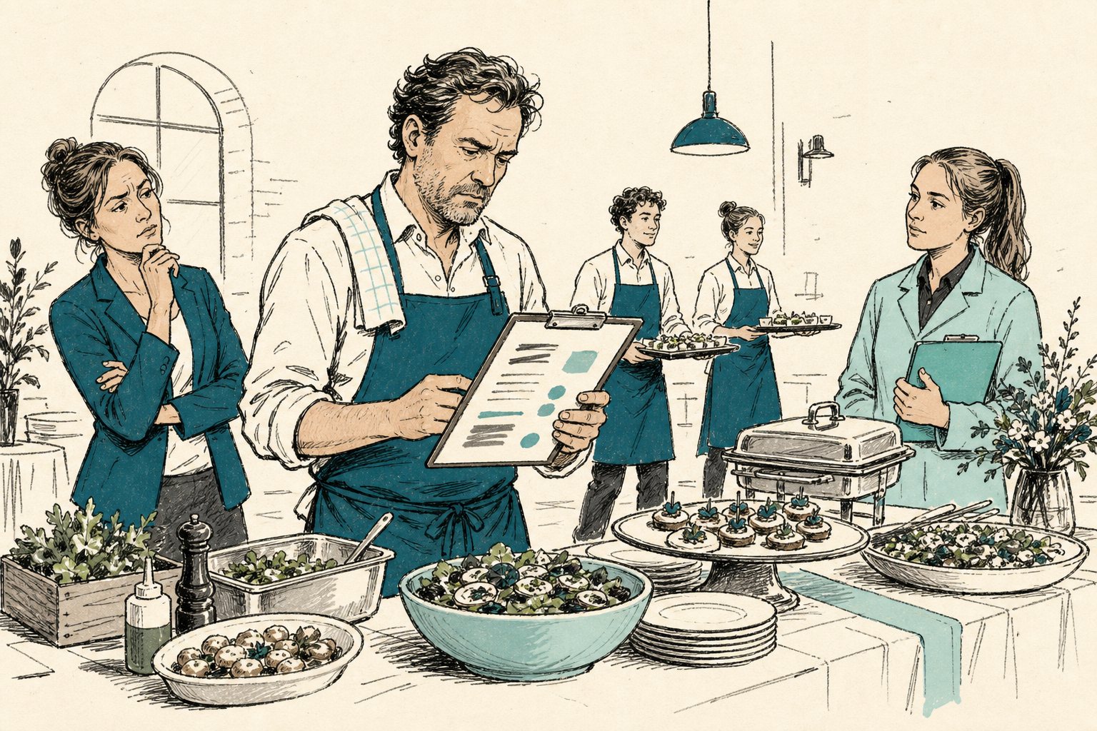 Illustratie van een cateraar in schort die een prijslijst op een klembord naleest naast een half gedekt buffet, twee collega's met dienbladen erachter