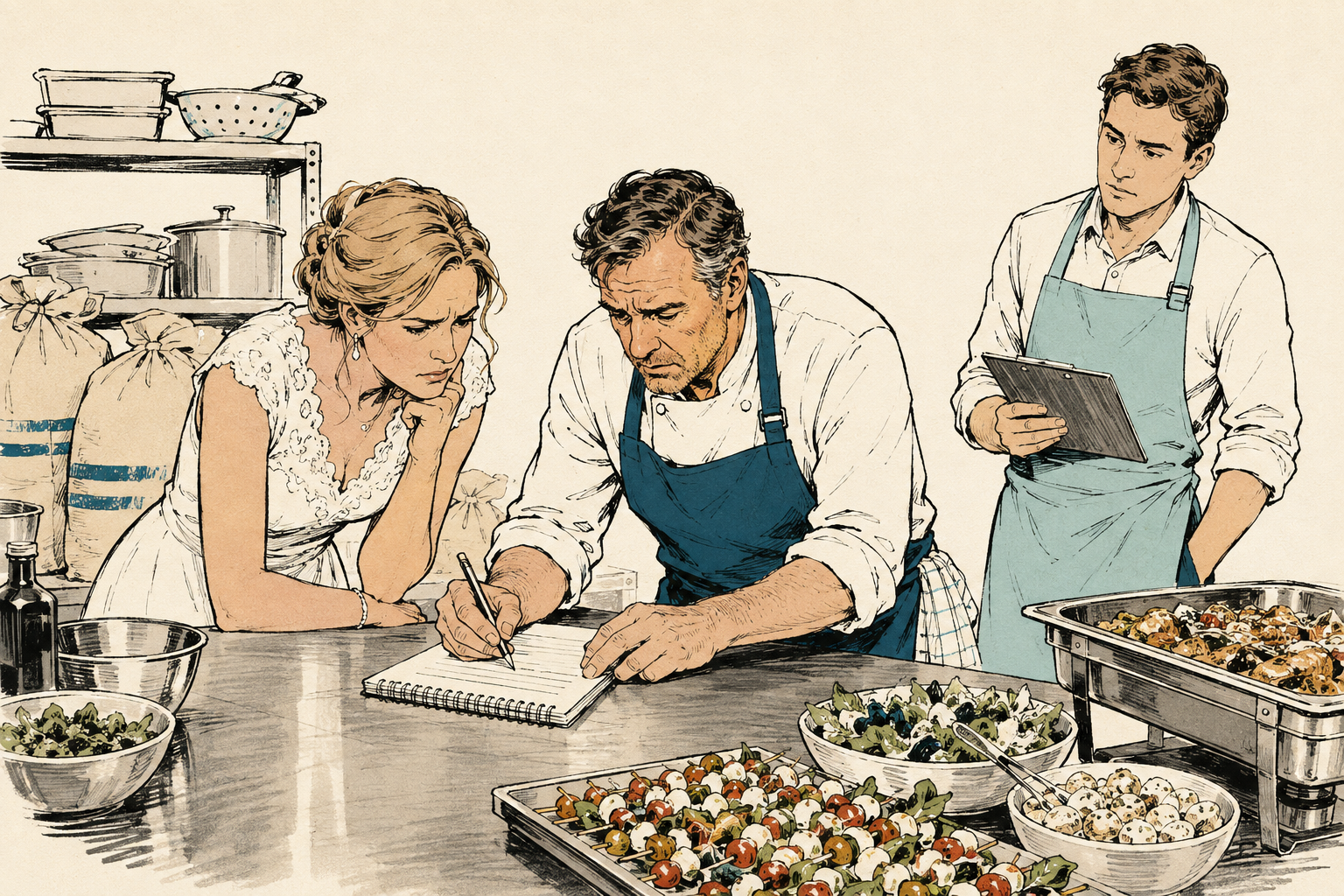 Cateraar herrekent een buffetofferte aan een werktafel met suiker- en meelzakken op de achtergrond