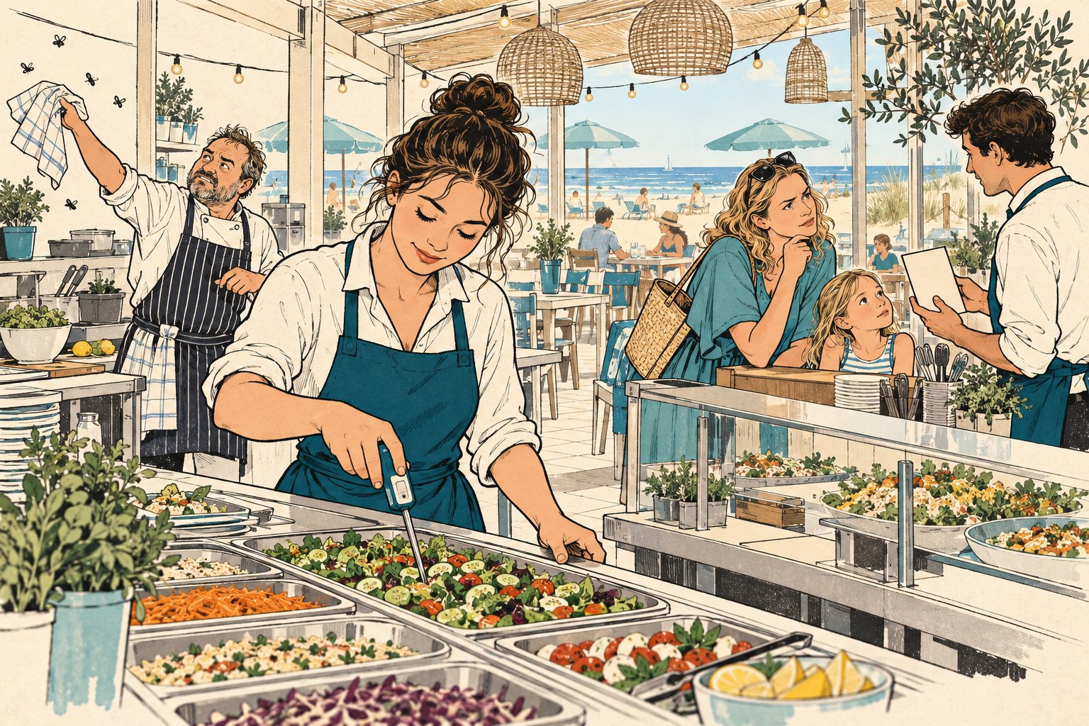Illustratie van een inspecteur met een steekthermometer bij een saladebar van een strandtent terwijl een kok vliegen wegwuift